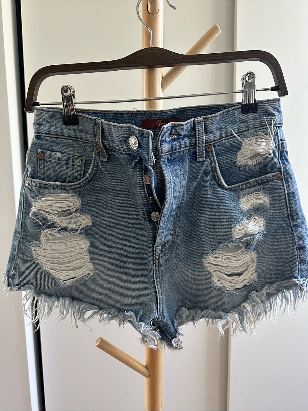 7 For All Mankind Distressed Light Blue Denim Cutoff Shorts